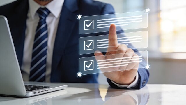 Businessman Checking Digital Checklist, Task Management, Project Completion, Goal Achievement, Success Planning, Strategic Execution, Operational Workflow, Quality Control,