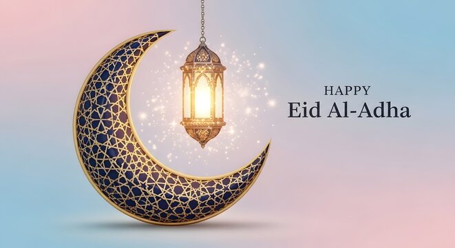 Eid al adha mubarak wishes crescent moon lantern festive greeting