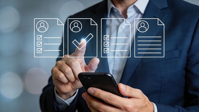Selecting profile document on smartphone interface, user registration or identity verification concept with multiple file icons and checkmarks for digital account management.