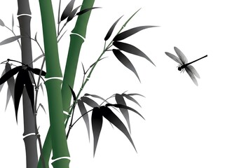 Fototapeta premium Green Bamboo and Flying Dragonfly in Minimalist Zen Sumie Ink Style for Spiritual Editorial Background