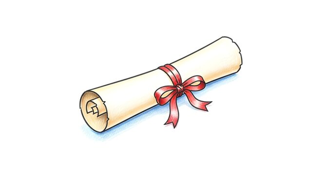 Illustrated diploma scroll with decorative red ribbon bow.