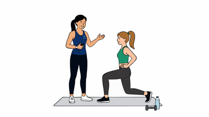 Obraz premium Fitness trainer guiding a woman performing a lunge exercise on a mat with dumbbells and water bottle nearby
