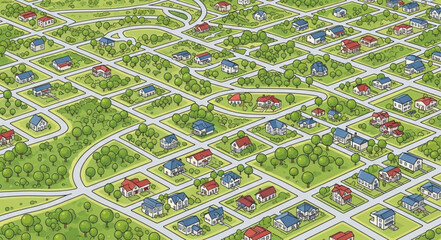 Fototapeta premium Aerial View of a Suburban Neighborhood with Houses and Streets.