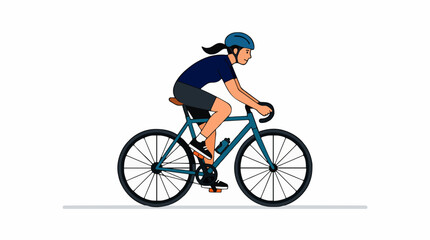 Fototapeta premium Woman cyclist wearing helmet and cycling gear riding a blue road bicycle with a water bottle on a white background