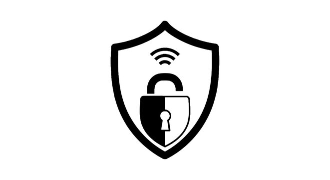 Shield with padlock and wifi symbol.