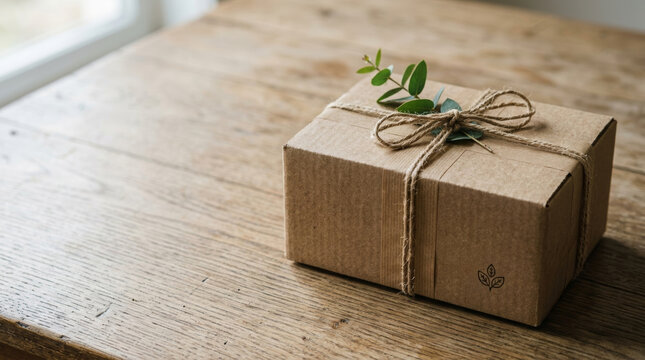 Peaceful eco friendly gift box wrapped with kraft paper and string rests on wooden table promoting sustainable natural lifestyle