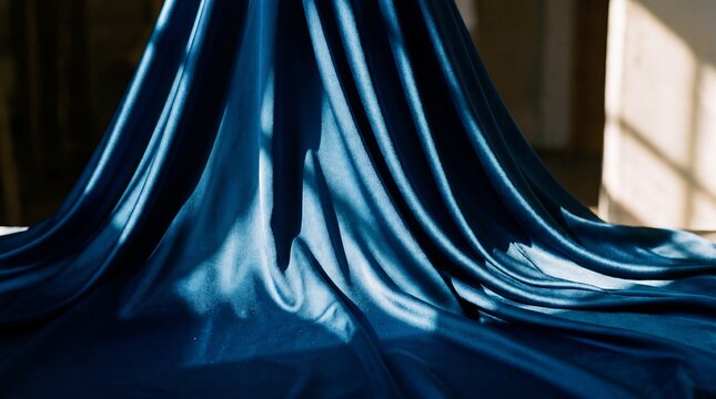 Fabric drapes in deep blue folds creating a rich texture with sharp shadows and bright highlights.