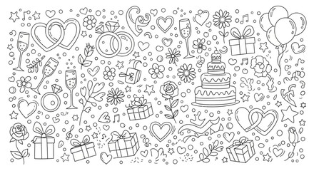 Obraz premium A delightful collection of hand-drawn wedding and celebration icons, perfect for invitations, decorations, and stationery