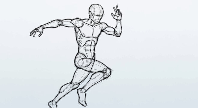 Detailed anatomical sketch of a male athlete in motion, highlighting musculature and dynamic pose for artistic study