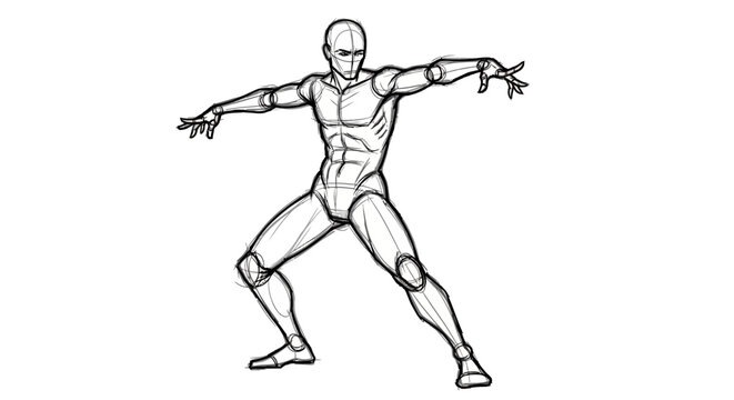 Clean line art illustration of a dynamic male human figure in an athletic and balanced action pose, ideal for artistic reference, anatomy studies, and character design