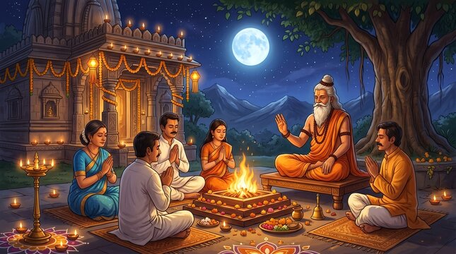 Guru Purnima Celebration with Ancient Sage and Devotees Performing Yagna in Full Moonlight &ndash; Spiritual Guidance and Blessing