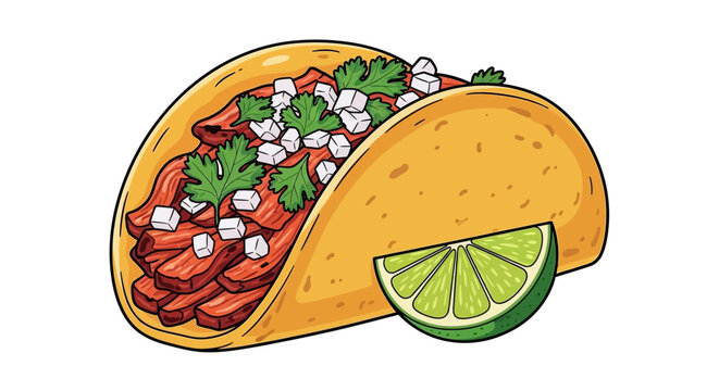 Taco with meat cheese cilantro and lime on white background