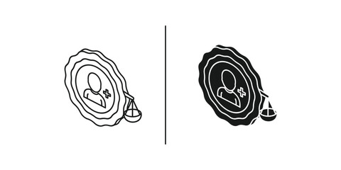 Naklejka premium Justice icon with silhouette person and scales divided by line