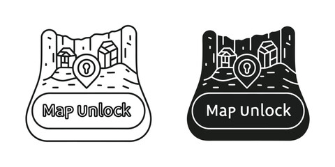 Map unlock icon with location pin and buildings illustration © MSTSALEHA