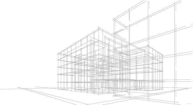 Architectural blueprint style illustration of a modern building's skeletal structure, showcasing conceptual design and urban planning on a white background