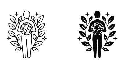 Fototapeta premium Person holding globe with brain and leaf wreath icons
