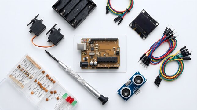 Microcontroller development kit with ultrasonic sensor servo motors electronic components jumper wires and resistors for robotics on white background