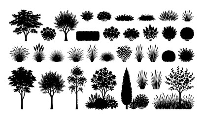 Architectural landscape plant silhouette vector with bushes grass and trees collection © MdRabbi