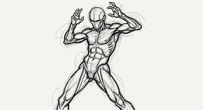 Dynamic anatomical sketch of a powerful human figure in an action pose, highlighting musculature and form through expressive lines, perfect for artistic study and reference