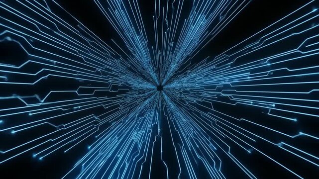 Abstract blue digital circuit board pattern with glowing lines and data flow.