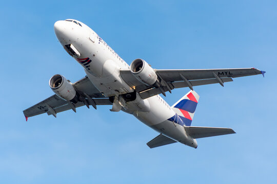 LATAM plane taking off from Santos Dumont Airport in Rio de Janeiro &ndash; Brazil