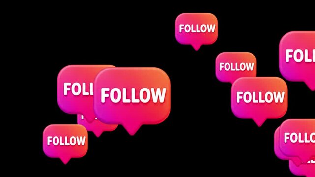 Follow button animation with social media notification bubbles flying up on black background