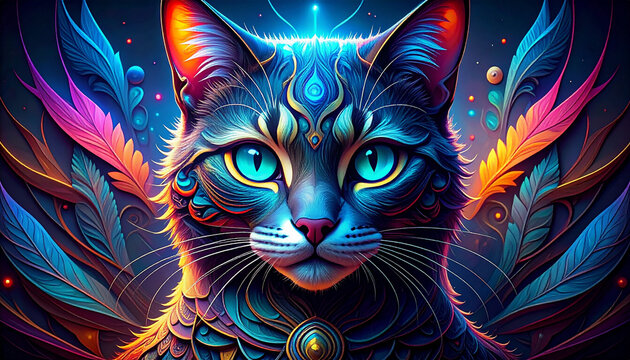 Vibrant cat portrait with ornamental feathers and glowing eyes digital art