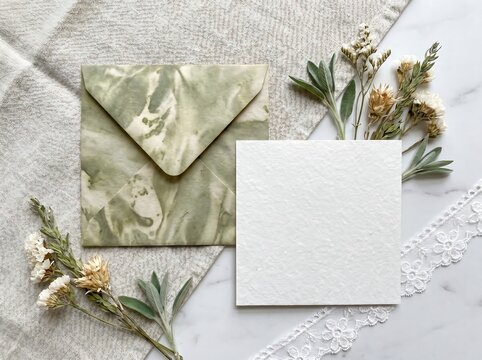 Blank square wedding invitation card mockup with eco friendly handmade paper envelope, dried flowers, sage leaves, and lace ribbon on marble background top view