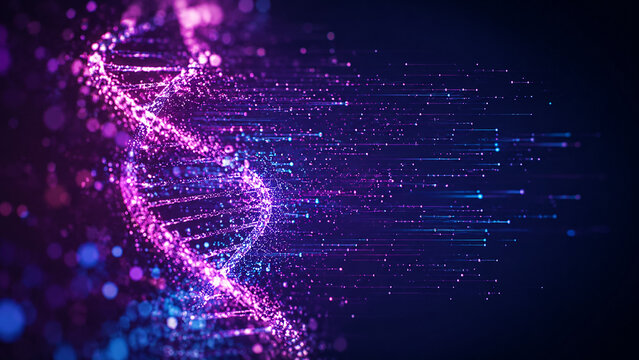AI generated glowing digital DNA strands flowing data particles representing genomics biotechnology futuristic information technology