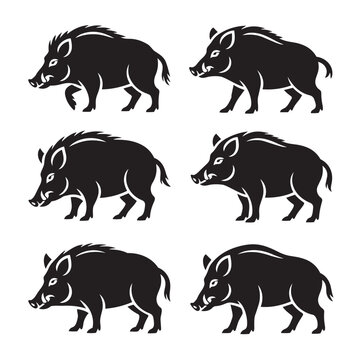 Six wild boar silhouettes in different poses with animal silhouette forest animal wild pig