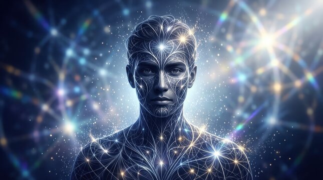 Radiant human figure pulses with cosmic energy