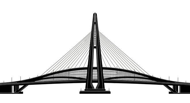 Silhouette of a modern cable-stayed bridge with a single pylon