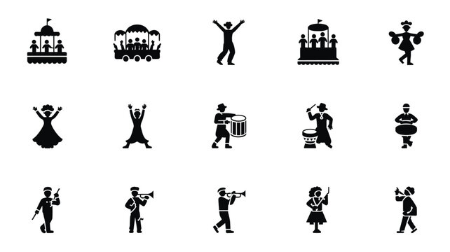Set of 15 Black Mardi Gras Festival People and Parade Float Icons Vector