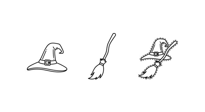Whimsical Halloween Witch Hat and Broomstick Line Art.