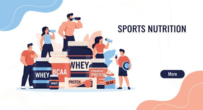 Wide variety of sports nutrition supplements including whey protein and BCAA powders being used by active athletes.