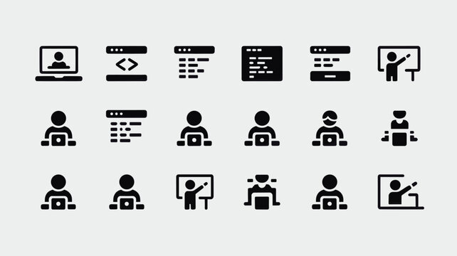 Set of 15 Black Computer and Coding Vector Icons