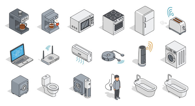 Comprehensive set of smart household appliances and objects featuring coffee machines, a fridge, and security tools.