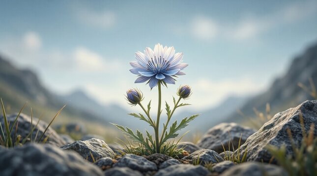 Lone flower blooms resiliently among rugged stones