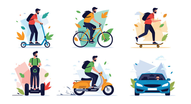 Set of illustrations shows man using various urban transportation methods including electric scooter bicycle and skateboard.