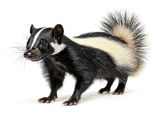 Fototapeta premium A detailed studio portrait of a black and white skunk standing on a white background.
