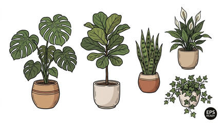 Fototapeta premium Collection of five potted houseplants in a hand-drawn sketch style.