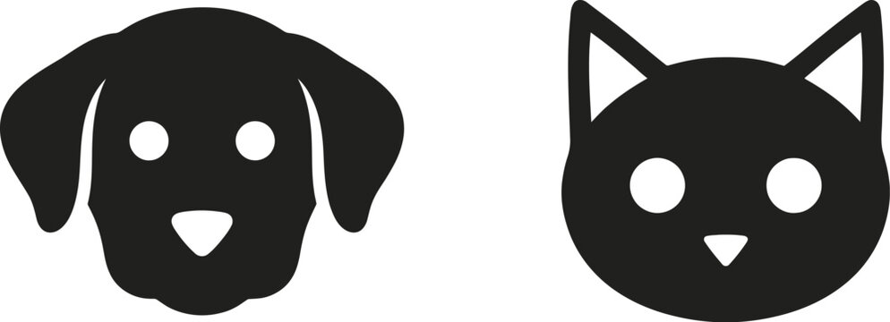 Minimalist black silhouette icons of a cute domestic dog and a cat head side by side