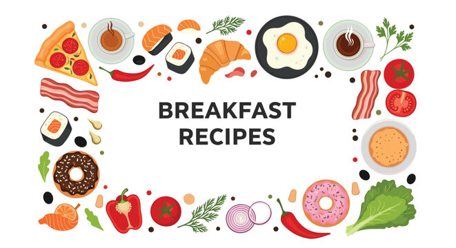 Decorative border for breakfast recipes featuring various food items like eggs, pizza, donuts, sushi, bacon, and coffee.