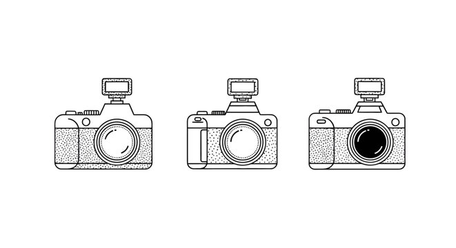 Three different professional DSLR camera line illustrations.