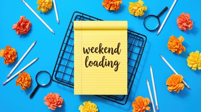 Weekend loading note on yellow paper pad surrounded by magnifying glasses and flowers with stationery, planning