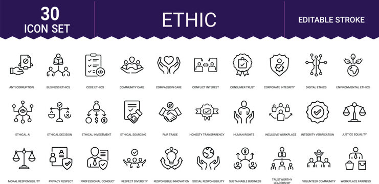 Business ethics icon set including social responsibility corporate integrity and fair trade.