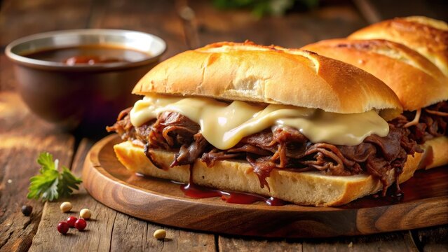 French dip sandwich with melted provolone cheese and au jus