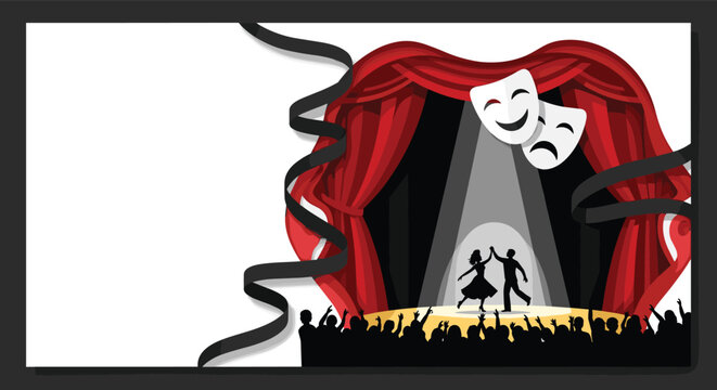 Theater stage with red curtains and spotlights showing a silhouette of a dancing couple under comedy and tragedy masks.
