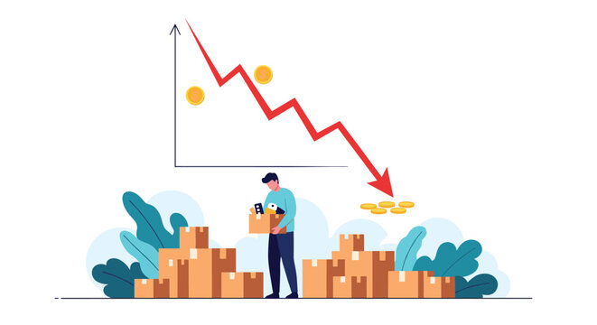 Depressed man carrying a box of belongings next to a red arrow pointing down and scattered gold coins representing financial loss.