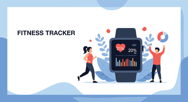 Fitness tracker interface on a large smartwatch screen with a man and woman running and celebrating their health goals.